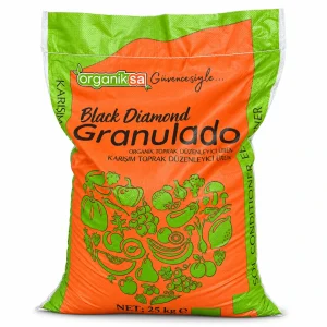 Organiksa Black Diamond Granulado 25 kg turuncu ve yeşil çuval ambalajı